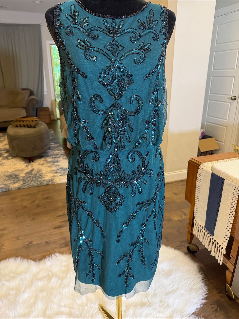 Teal Beaded Sleeveless Cocktail Dress